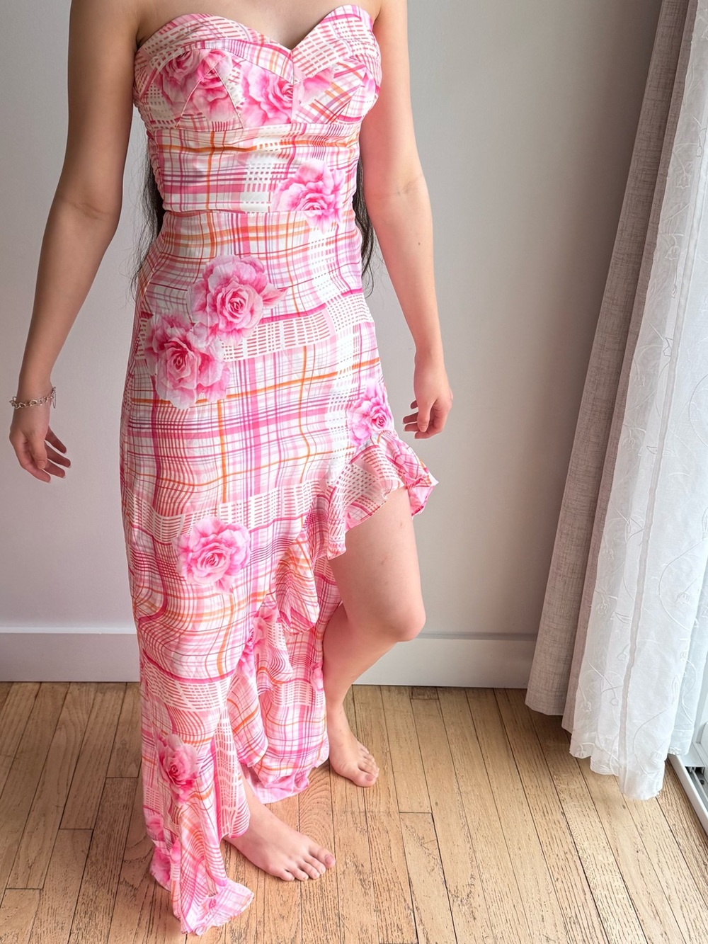 Amanda Uprichard Pink Floral Plaid Strapless High-Low Ruffle Dress